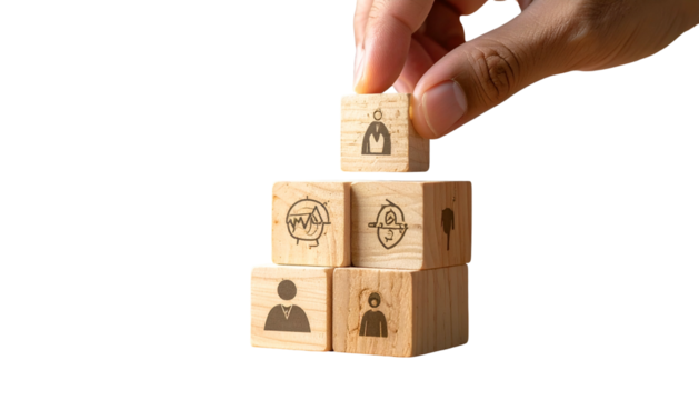 Hand places a cube with figure atop a wooden block pyramid. Cubes show career icons