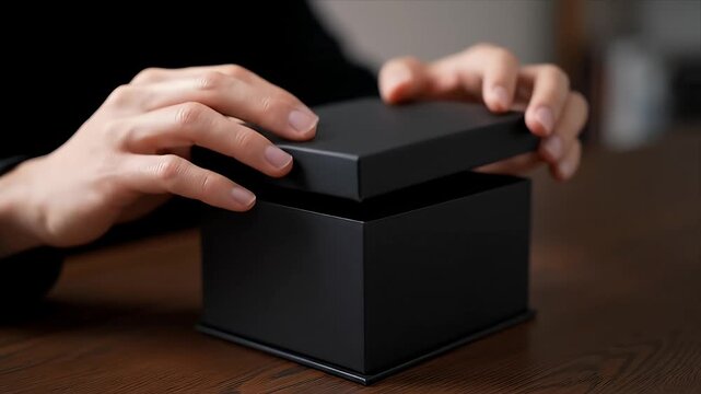 Close-up of human hands gently opening a sleek black gift box on a rich wooden table Ideal for unboxing product reveal luxury packaging and elegant presentation