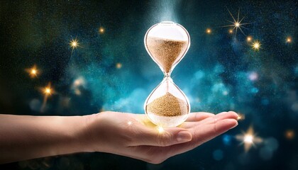 hand holding glowing hourglass with sand transitioning into digital sparkles