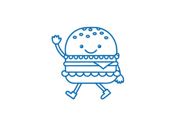 Smiling burger character walks cheerfully and waves a hand in this minimal line art