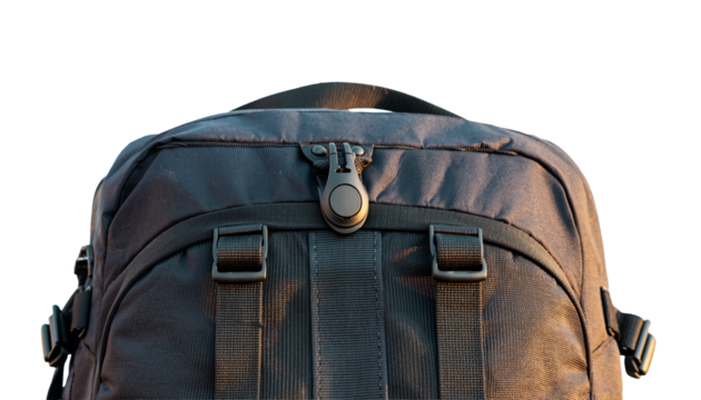Close-up of the Top Handle, Zippers, and Straps of a Black Backpack.