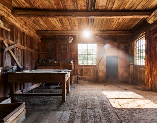 sunlight streaming through open doorway and windows into a dusty old rustic wooden barn interior with exposed beams and workbenches