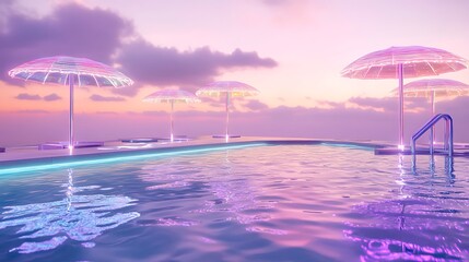 Dreamy vacation vibes at a luxury resort pool with pink sunset and neon umbrellas reflecting in the water for summer relaxation and elegant getaway mood