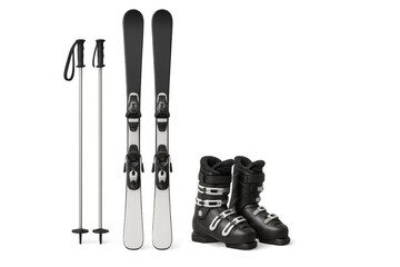 Complete alpine ski equipment set on transparent background