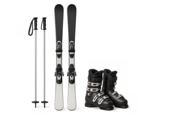 Complete alpine ski equipment set on transparent background
