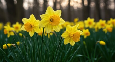 Obraz premium Bright yellow daffodils stand tall in a sunny meadow, signaling the arrival of spring. Vibrant blooms offer a cheerful splash of color and natural beauty, growth, abundance, sunshine