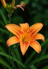 Bright orange daylily blossom showing delicate petals and central throat against green foliage, bathed in warm summer sunlight, daylily, foliage, green