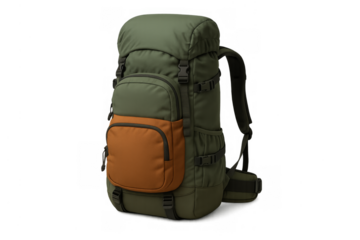 Green hiking backpack for camping and travel on transparent background