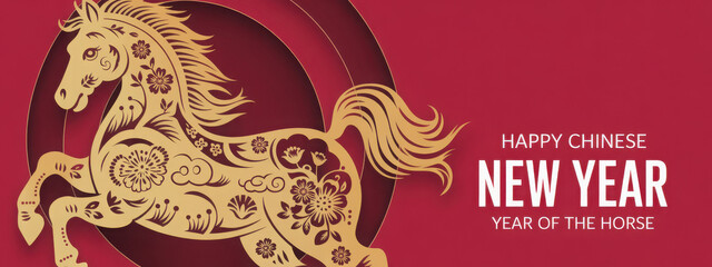 Happy Chinese new year banner with horse on red background. Vector illustration for banner, posters, flyers, greeting cards and invitation.
