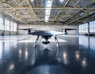 advanced multirotor drone on reflective floor in spacious modern industrial hangar