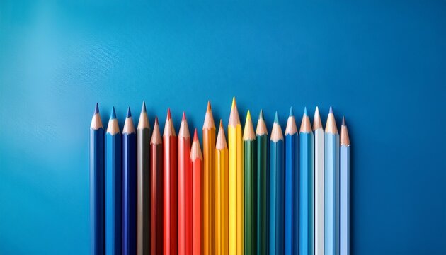 a row of vibrantly colored pencils arranged on a smooth blue surface ready for artistic expression and creative endeavors