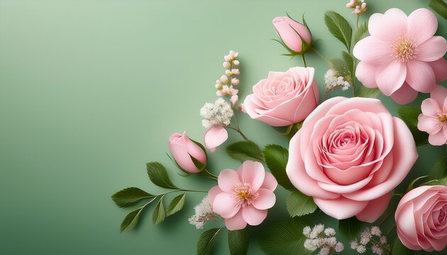 elegant pink roses and delicate blooms on a soft green background - Powered by Adobe