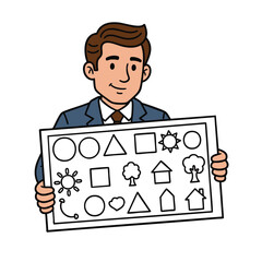 An illustrated character in a suit demonstrates basic geometric shapes and simple symbols on a presentation board