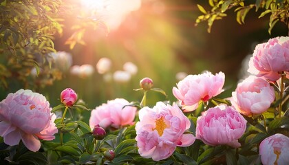 serene springtime bloom delicate pink peonies basking in sunlight s embrace lush greenery vibrant garden scene