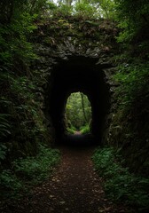 Obraz premium Deep, dark natural tunnel entrance formed by ancient rock and shaded vegetation in a secluded forest environment ,adventure ,formation ,surface
