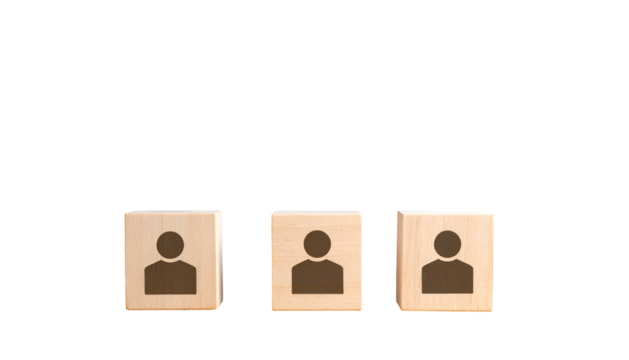 Three wooden blocks, each with a silhouette person on its face, set against black - Powered by Adobe