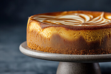 Pumpkin cheesecake on a pedestal, subtle swirl top, crumb crust edge visible, soft side light, negative space