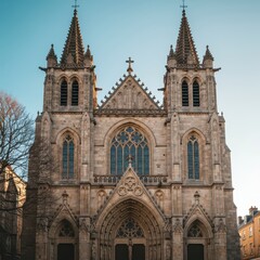 Fototapeta premium Majestic ancient stone cathedral facade bathed in soft sunlight, showcasing gothic architectural details and peaceful spiritual atmosphere, artistic, sunny, destination