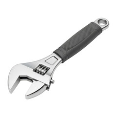 Obraz premium A gleaming metallic adjustable wrench with a textured dark gray handle isolated on transparent background