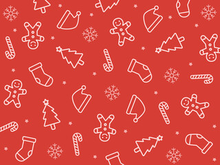 Seamless outline pattern with Santa hat, Christmas tree, socks, gingerbread man, candy cane, and snowflakes on rich red background. Perfect for festive packaging, cards, or wrapping paper.