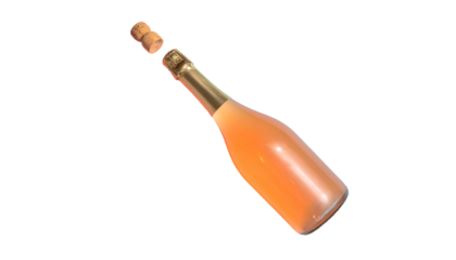 Angled peach-colored sparkling wine bottle with cork mid-ejection against black backdrop