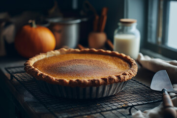 Pumpkin pie with crimped crust on a cooling rack, cinnamon dusting, pie server nearby, soft window light, cozy kitchen scene, negative space