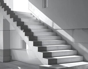 A grayscale architectural depiction showcases a staircase with dramatic shadows and contrasting light