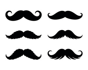 Set of six unique black mustache vector illustrations — vintage-style facial hair collection for character design, barbershop branding, men’s fashion, retro graphics, and creative design projects.