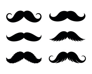 A collection of six distinct black mustache illustrations, showcasing various vintage and modern styles for facial hair fashion, perfect for design elements or thematic representations