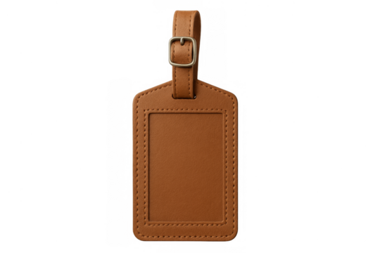 Brown leather luggage tag with blank label surface