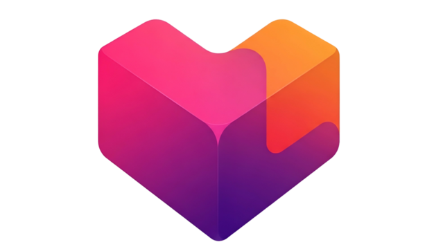 Colorful 3D Heart Shape with Gradient Pink Orange Purple on Transparent Background
