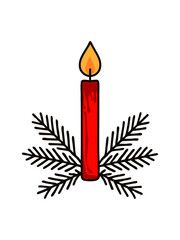 Candle light with pine leaves: a bright red candle with a warm flame, surrounded by vibrant evergreen pine leaves. a perfect image to represent peace.
