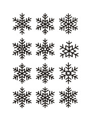 Snowflake Array: A detailed pattern showcasing a collection of diverse snowflakes, each with unique symmetrical crystal structures.