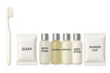 Hotel amenities grooming kit on transparent background