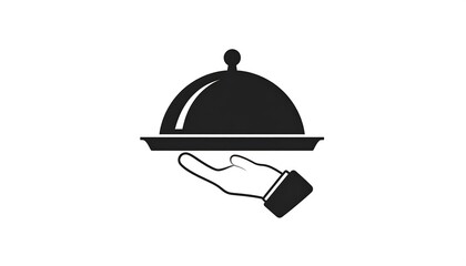 A grayscale icon depicts a hand holding a covered serving dish, against a white background