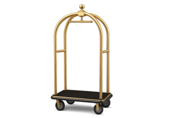 Golden hotel luggage cart on transparent background