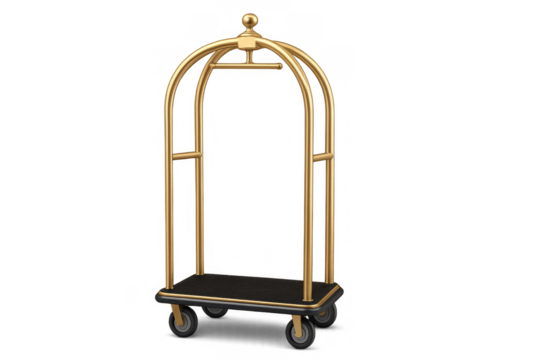 Golden hotel luggage cart on transparent background