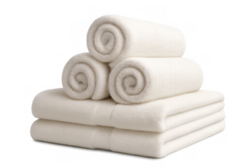 White towels stacked and rolled on transparent background
