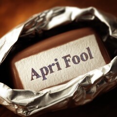 Wrapped chocolate bar with apri fool text on label isolated close up