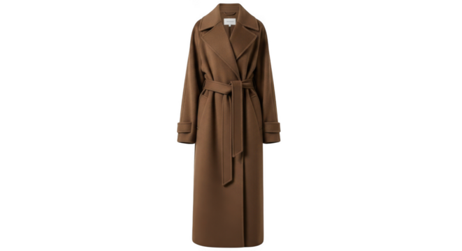 Long brown wool coat with belt isolated on transparent background