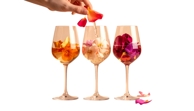 Hand placing rose petals into wine glasses filled with colorful flower petals against black
