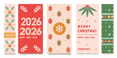 Set of five festive new year and christmas greeting cards with playful illustrations and bold typography