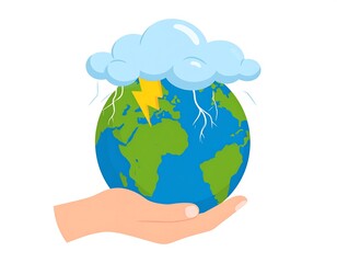 A hand holds a stylized Earth, with storm clouds overhead and lightning