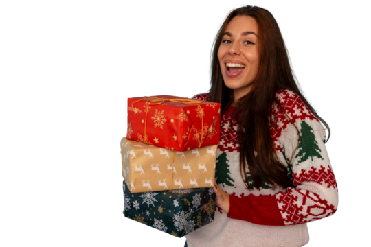 Happy woman holding stack of christmas holiday presents, wearing festive sweater, celebrating joy and gift giving - Powered by Adobe