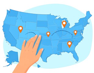 A hand points toward a bright, stylized map of the United States with location markers