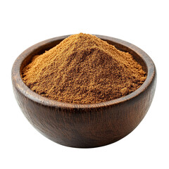 A bowl overflows with fragrant cinnamon powder Isolated transparent on white background