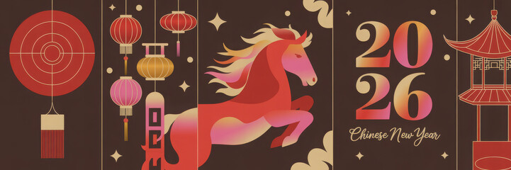 2026 Horse Year Set. Abstract modern vector illustrations of Chinese New Year designs for 2026, Year of the Horse. Lanterns, horse, house and traditional elements for icons and print
