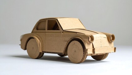 A handcrafted, detailed model car constructed from recycled corrugated cardboard against a neutral backdrop