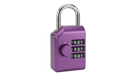 Purple combination padlock with three number dials isolated on transparent background