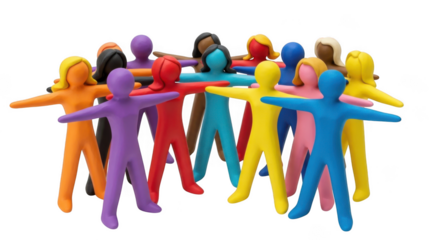 Diverse group of colorful clay people standing together isolated on transparent background